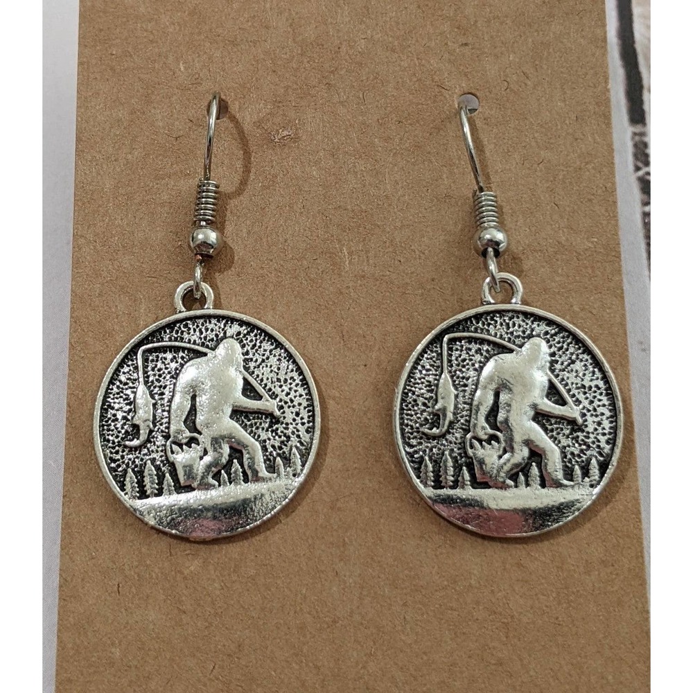 4/$20 New yeti Bigfoot going fishing silver tone earrings lightweight cute